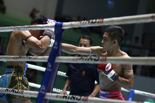 Two boxers wearing boxing gloves throwing punches